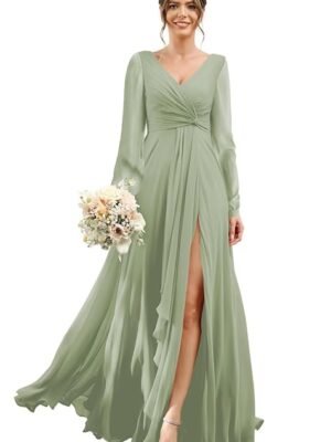 Chiffon Bridesmaid Dresses 2024 for Women with Slit V Neck Long Sleeve Flowy Formal Dresses with Pockets RO001 (Green)