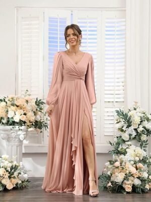 Chiffon Bridesmaid Dresses 2024 for Women with Slit V Neck Long Sleeve Flowy Formal Dresses with Pockets RO001 (Pink)