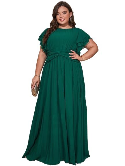 Women's Plus Size Butterfly Sleeve Ruffle Pleated Long Bridesmaid Dress Green