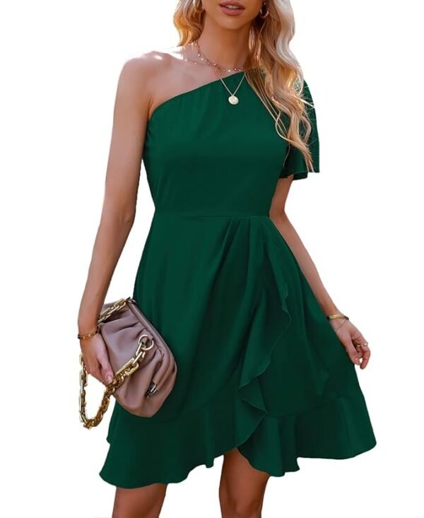 Women's Formal Bridesmaid Graduation Engagement Cocktail Dress One Shoulder Solid Dresses Green