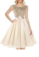 Women's Boatneck Sleeveless Prom Wedding Guest Bridesmaid Dresses Cocktail Dress, Champagne Sequin(sequin)