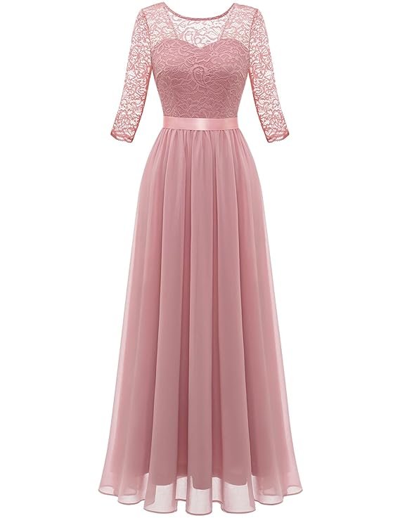 Women's Elegant Formal 3/4 Sleeve Bridesmaid Vintage Cocktail Party Maxi Dress, Long-blush(3/4 Sleeve), Medium