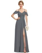 Women's Long Spaghetti Straps Bridesmaid Dress with Slit Off Shoulder Chiffon Formal Party Gowns MDPM128