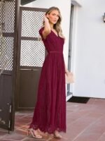 Women's V Neck Short Sleeve Floral Lace Wedding Dress Bridesmaid Cocktail Party Maxi Dress (Wine)