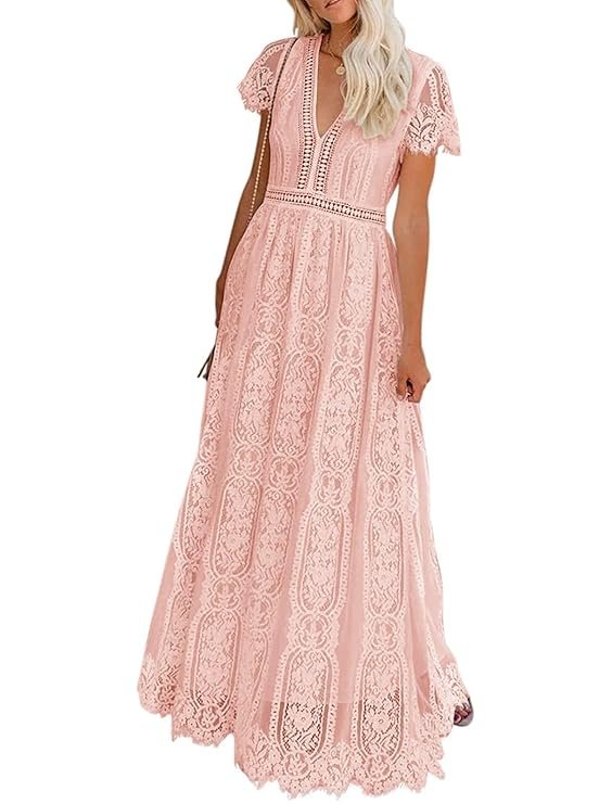 Women's V Neck Short Sleeve Floral Lace Wedding Dress Bridesmaid Cocktail Party Maxi Dress (Pink)