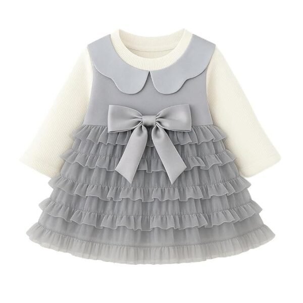 Baby Girl Long Sleeve Princess Dress – Soft Cotton Round Neck Flower Dress for Toddler Girls, Birthday, Party & Casual Wear (Grey AD3)