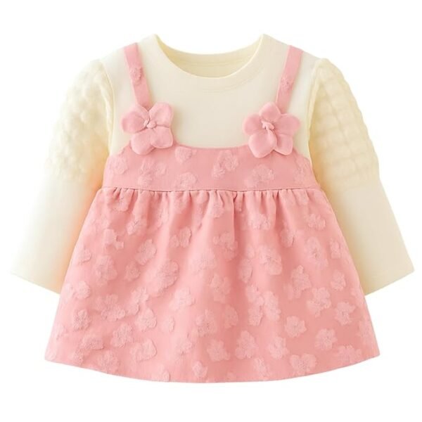 Baby Girl Long Sleeve Princess Dress – Soft Cotton Round Neck Flower Dress for Toddler Girls, Birthday, Party & Casual Wear (Pink AD1)