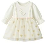 Baby Girl Long Sleeve Princess Dress – Soft Cotton Round Neck Flower Dress for Toddler Girls, Birthday, Party & Casual Wear (White AD4)