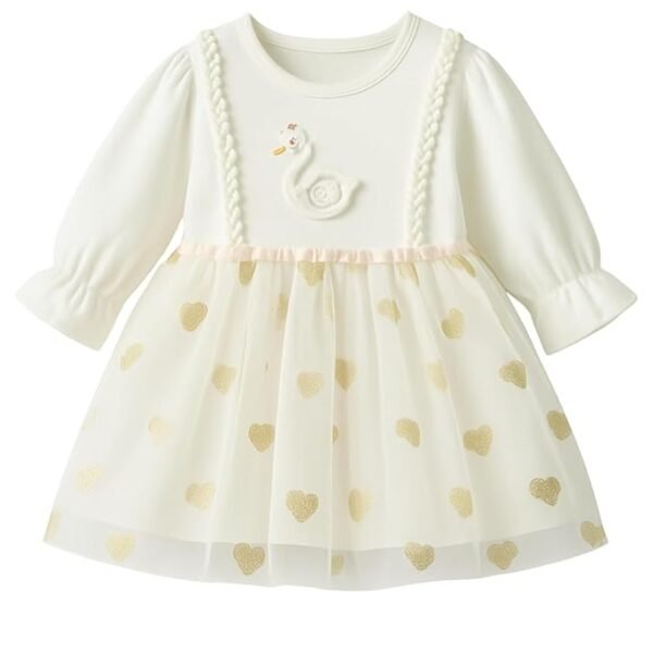 Baby Girl Long Sleeve Princess Dress – Soft Cotton Round Neck Flower Dress for Toddler Girls, Birthday, Party & Casual Wear (White AD4)