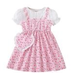 Short Sleeve All Over Flower Printed Square Neck Baby Girl Frock with Knee-Length and A-Line Style (Pink)