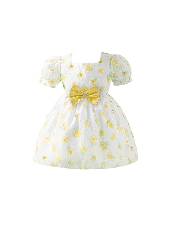 Girls Floral Jacquard Knee Length Party Frock Dress Short Sleeves, Zipper Closure, Elegant Flower Print, Kids Birthday & Special Occasion Wear (Yellow)