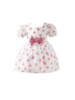 Girls Floral Jacquard Knee Length Party Frock Dress Short Sleeves, Zipper Closure, Elegant Flower Print, Kids Birthday & Special Occasion Wear (Pink)