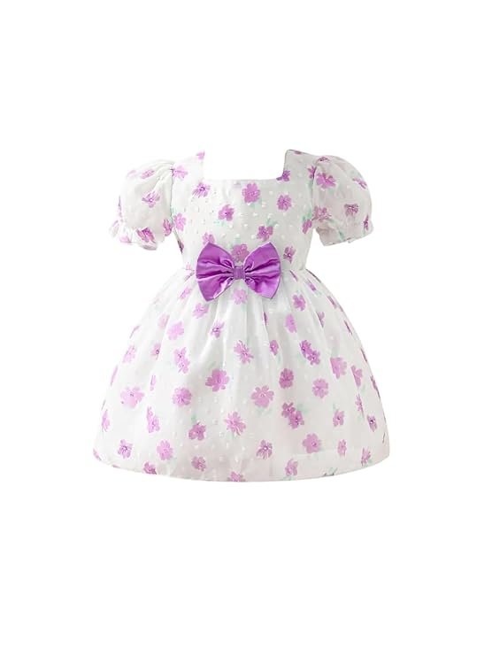 Girls Floral Jacquard Knee Length Party Frock Dress Short Sleeves, Zipper Closure, Elegant Flower Print, Kids Birthday & Special Occasion Wear (Purple)