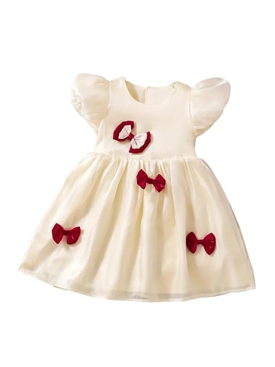 Girls Floral Jacquard Knee Length Party Frock Dress Short Sleeves, Zipper Closure, Elegant Flower Print, Kids Birthday & Special Occasion Wear (Cream)