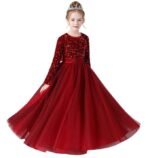 Glitter Sequins Long Sleeves Flower Girls Dresses for Wedding Tulle Birthday Party Christmas Dress for Girl（Red）