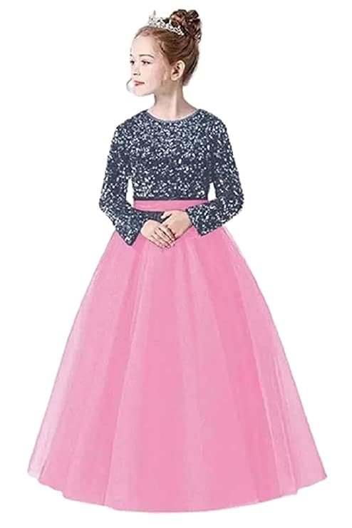 Glitter Sequins Long Sleeves Flower Girls Dresses for Wedding Tulle Birthday Party Christmas Dress for Girl（baby Pink）