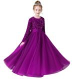 Glitter Sequins Long Sleeves Flower Girls Dresses for Wedding Tulle Birthday Party Christmas Dress for Girl（Purple）