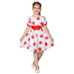Kids Girls White Polka Dot Frock Dress with Flower Belt | All Occasions Wear Dress For Girls（Red）