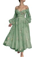 Women's Puffy Sleeve Tulle Prom Dresses Tea Length Pink Flower Lace Formal Evening Gowns