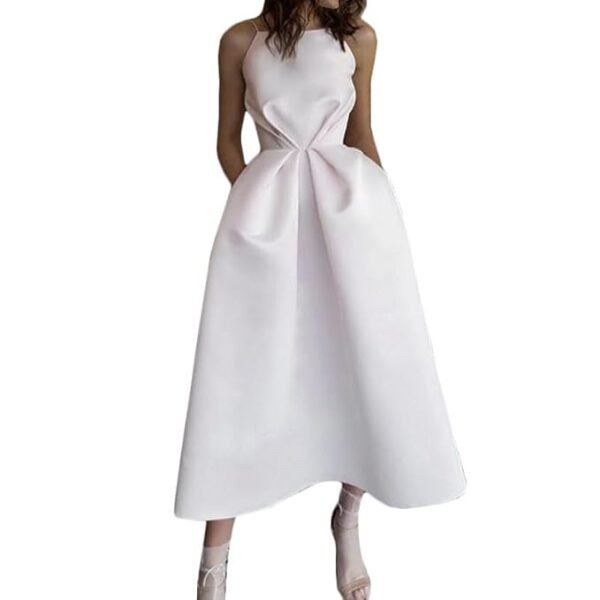 Summer Sexy White Satin Backless A-line Ruffle Sleeveless Prom Midi Cocktail Party Dress for Women