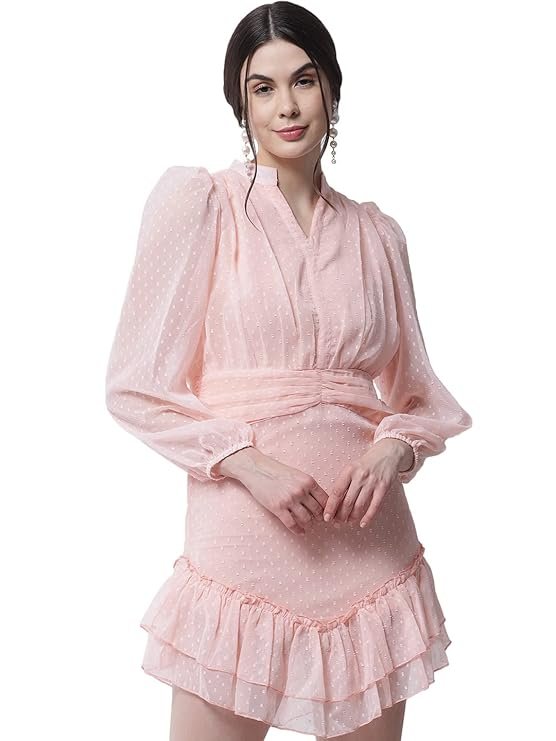 Peach Lantern Sleeve Layer Hem Mesh Prom Dress