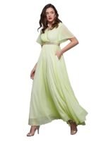 Women's V-Neck Flared/Bell Sleeves Fit & Flare Maxi Dress (Lemon Yellow)