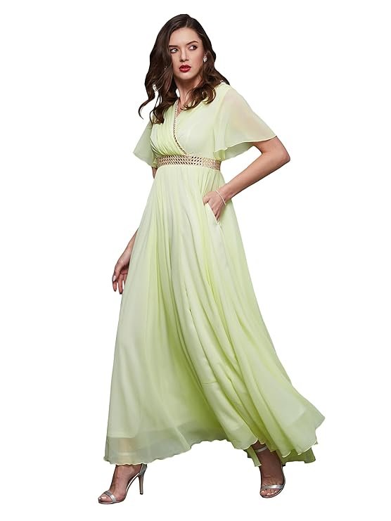 Women's V-Neck Flared/Bell Sleeves Fit & Flare Maxi Dress (Lemon Yellow)