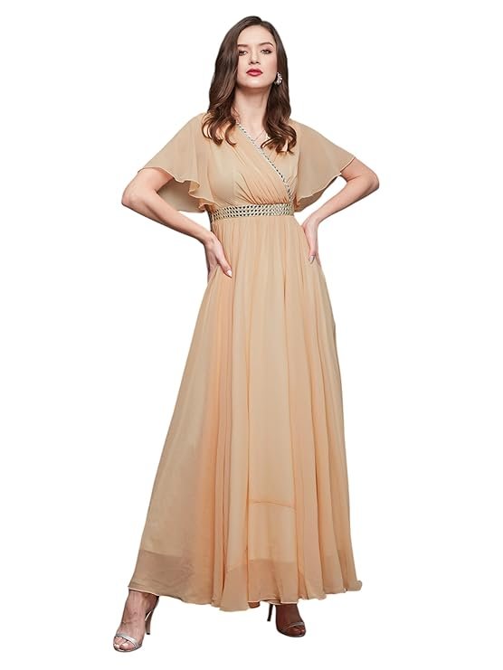 Women's V-Neck Flared/Bell Sleeves Fit & Flare Maxi Dress (Peach)