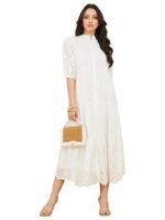 Women Self Design Mandarin Collar Puff Sleeve Cotton A-Line Dress | Stylish One Piece Dress for Women | Perfect Long Dress for Casual, Party