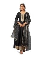 Women's Embroidered Anarkali Kurta Pant Set with Organza Dupatta | Viscose,Rayon | Black