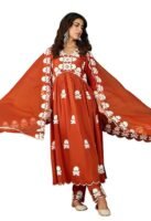 Women's Silk Blend Chain Work Embroidered A Line Kurta with Pant Set For Wedding, Ethnic Wear (Orange)