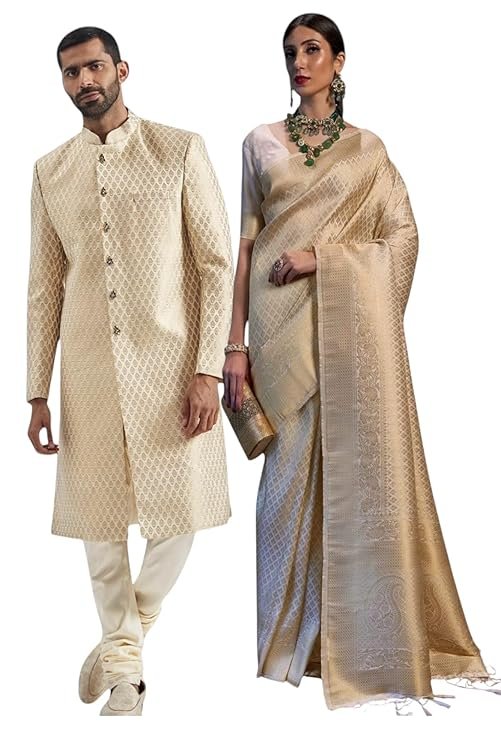 Traditional Indian Wedding Attire Set, Cream Brocade Sherwani (M) and Silk Saree Without Blouse, Ethnic Formal Wear