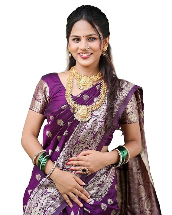 Women's Maroon Banarasi Kanchipuram Art Silk Saree for Women – Traditional Wedding & Party Saree with Blouse Piece – Ethnic Indian Silk Saree for Bridal, Festive (Purple)