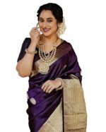 Women's Maroon Banarasi Kanchipuram Art Silk Saree for Women – Traditional Wedding & Party Saree with Blouse Piece – Ethnic Indian Silk Saree for Bridal, Festive (Dark Purple)