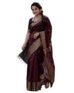 Women's Maroon Banarasi Kanchipuram Art Silk Saree for Women – Traditional Wedding & Party Saree with Blouse Piece – Ethnic Indian Silk Saree for Bridal, Festive (WINE)
