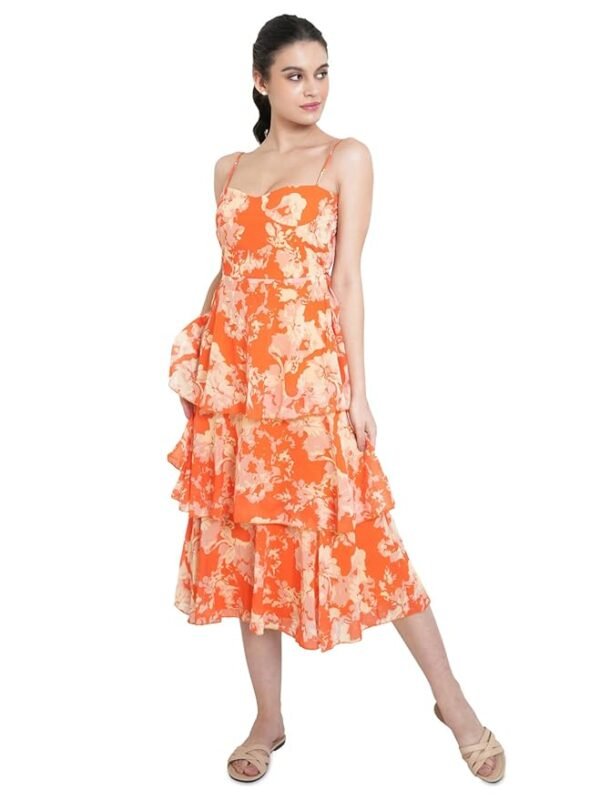 Women’s Layered Below Knee Length Dress (Orange)