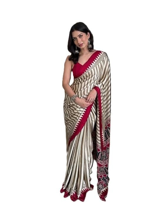 Traditional Indian Ethnic Wear with Blouse Piece, Festival Wedding Special (Light Beige Saree)