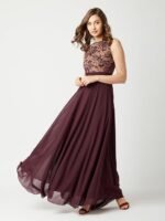 Women's Brick Red & Dusty Green Boat Neck Sleeveless Self Design Lace Overlaid Regular Dress