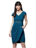 Women's Fit and Flare Knee Length Solid V-Neck Cap Sleeves Polyester Side Pocketed Dress