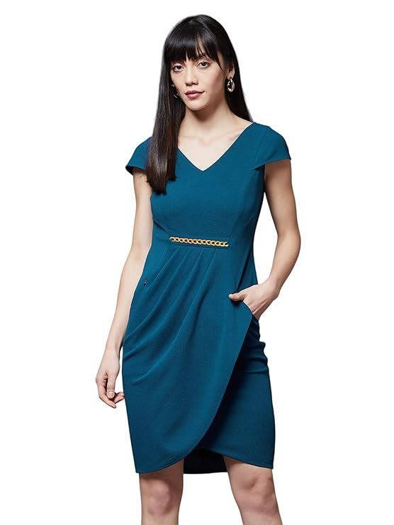 Women's Fit and Flare Knee Length Solid V-Neck Cap Sleeves Polyester Side Pocketed Dress