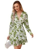 Women’s V-Neck Floral Print Ruffle Long Sleeve A-Line Mini Dress | Elegant Casual Party Outfit | Lightweight Layered Summer Wear