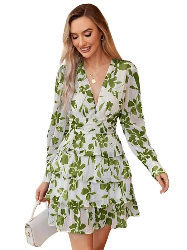 Women’s V-Neck Floral Print Ruffle Long Sleeve A-Line Mini Dress | Elegant Casual Party Outfit | Lightweight Layered Summer Wear