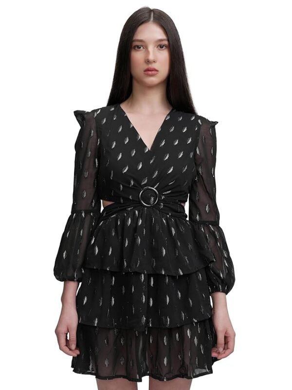 Women's Chic Cut-Out Ruffle Dress with Long Bishop Sleeves A Playful Yet Elegant Short Dress for Every Occasion（BLACK）