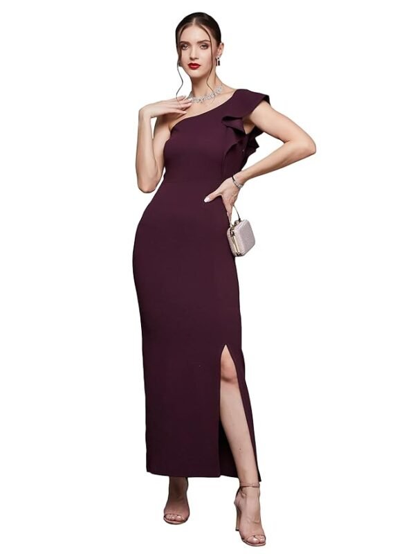 Women's Solid One Shoulder Sleeveless Ruffled Maxi Dress (Plus Size)