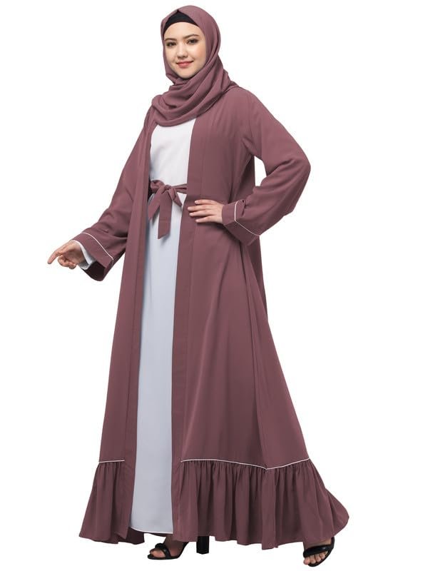 Dual Layer Abaya Dress Of Inner Abaya And Detachable Shrug With Piping And Frill Work(Puce Pink )