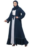 Dual Layer Abaya Dress Of Inner Abaya And Detachable Shrug With Piping And Frill Work(Teal Green)