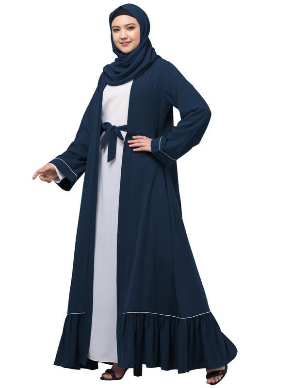 Dual Layer Abaya Dress Of Inner Abaya And Detachable Shrug With Piping And Frill Work(Teal Green)