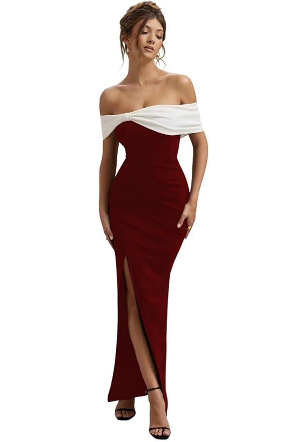 Off Shoulder Aline Black and Wine Dress(Wine)