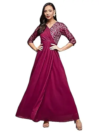 Women's V-Neck Three-Quarter Sleeve Self-Designed Wrap Maxi Georgette Dress( Dark Pink)
