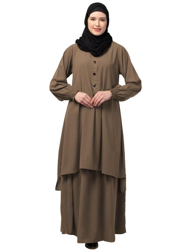 Two Pieces Abaya Dress with Elasticated Sleeves made with Nida Matte Fabric - Knee length Burqa (Beige)